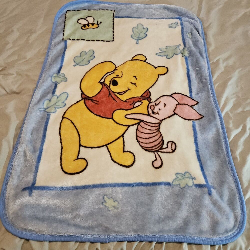Disney Winnie the Pooh & Piglet Blustery Day Baby Blanket 30x44 Throw Blue Bee